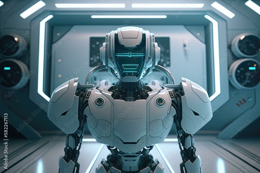 Poster a robot standing in a futuristic looking room with clocks arcade animation robotics engineering gene