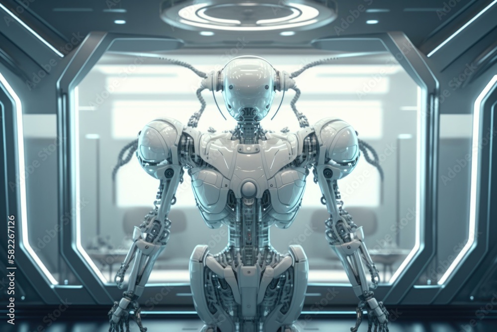 Poster a futuristic looking robot standing in a room with a light workshop animation robotics engineering g
