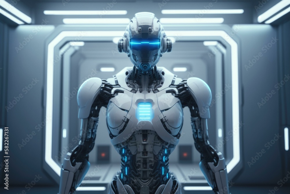Poster a robot standing in a futuristic looking room with a light on arcade animation robotics engineering 