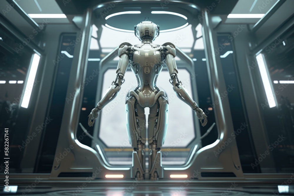 Poster a futuristic looking robot standing in a room with a large window factory animation artificial intel