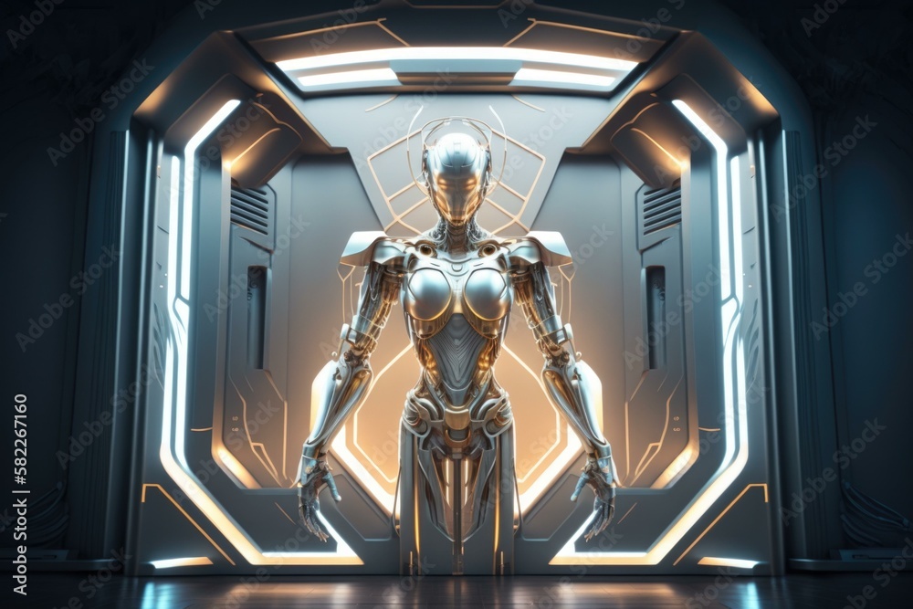 Poster a futuristic man standing in a doorway with a futuristic background factory animation robotics engin