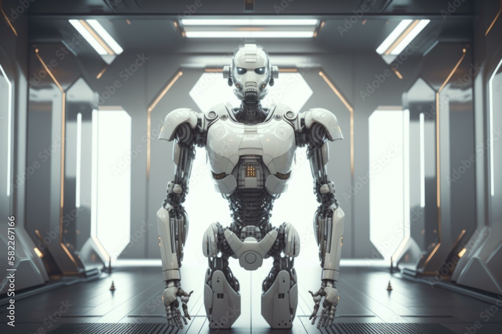 Poster a robot standing in a room with a light coming through factory animation robotics engineering genera