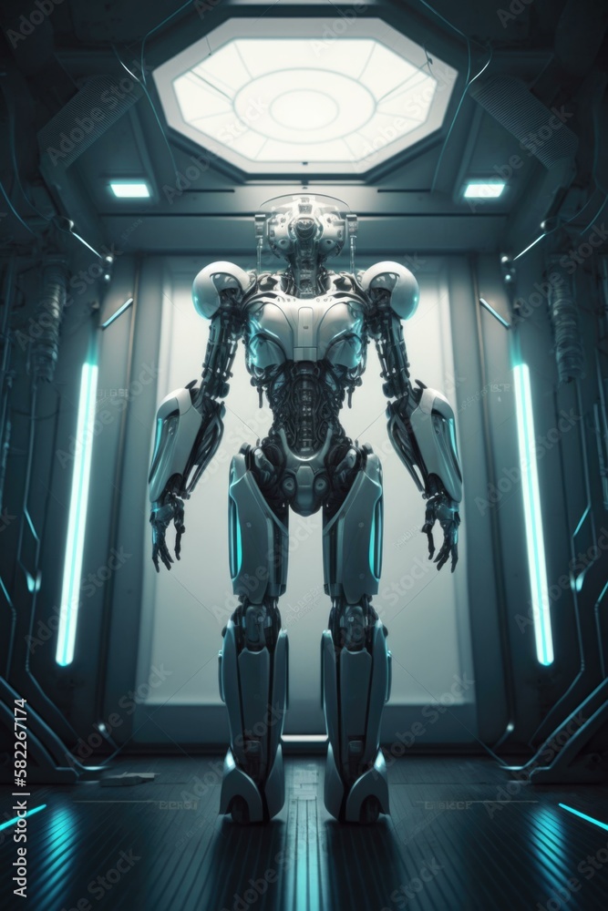 Poster a futuristic robot standing in a doorway with neon lights factory animation robotics engineering gen