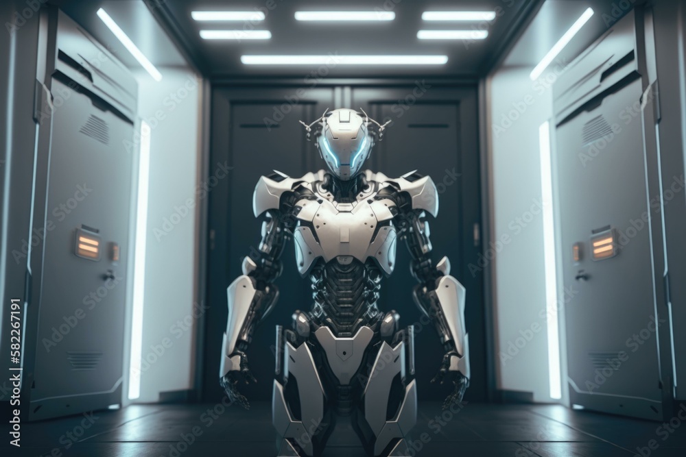 Poster a robot standing in a hallway in a futuristic building arcade animation robotics engineering generat