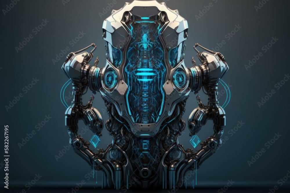 Poster a futuristic blue and black background with a large circular object factory assemblage artificial in