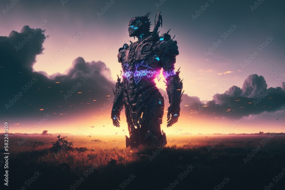 Poster a giant robot standing in a field with a sunset in the background junkyard animation robotics engine