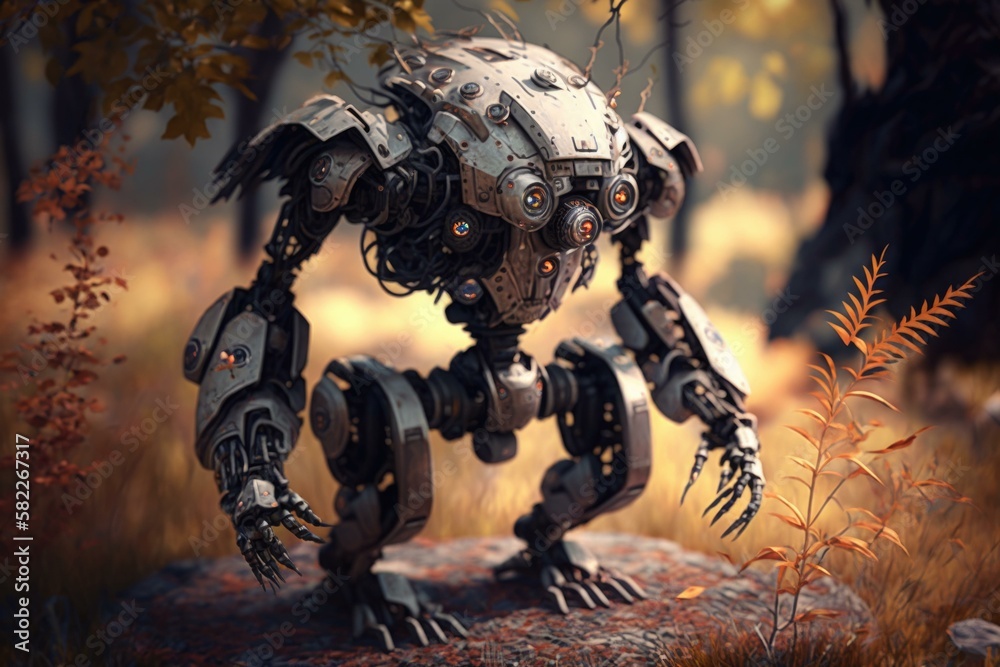 Poster a robot that is standing in the grass near trees junkyard environmental art robotics engineering gen
