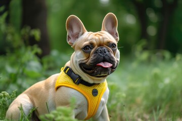 Fototapeta premium The dog has a collar or harness and is a yellow French bulldog. Green trees and blurry grass serve as his backdrop. Generative AI
