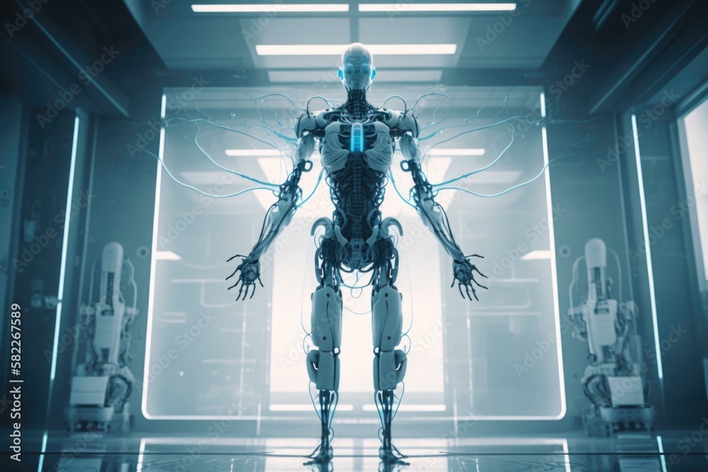 Poster a futuristic humanoid standing in a futuristic room with a large window factory animation robotics e