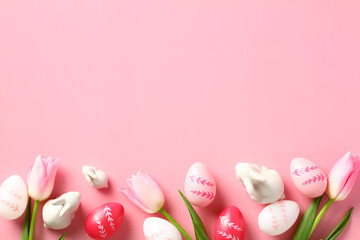 Plakat Happy Easter concept. Easter card with colorful eggs, decorative bunnies and tulips on a pink background.