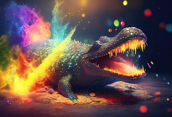 Crocodile Rainbow Color Explosion In Cool Style Generative AI
