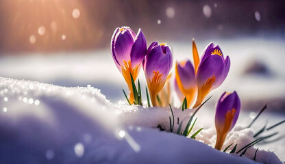 Crocus blooming flowers making their way from under the snow in early spring. Generative AI.