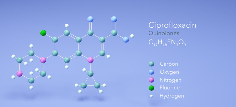 ciprofloxacin molecule, molecular structures, quinolone, 3d model, Structural Chemical Formula and Atoms with Color Coding