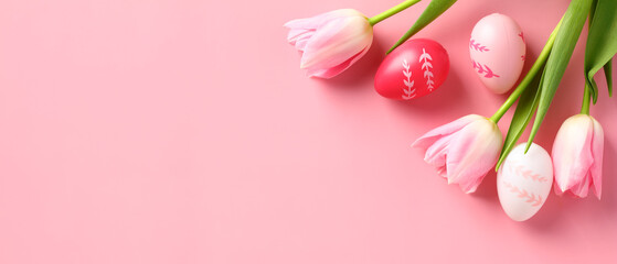 Happy Easter banner template. Colorful Easter eggs and tulips on pink background.
