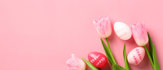 Happy Easter banner design. Colorful Easter eggs and tulips on pink background.
