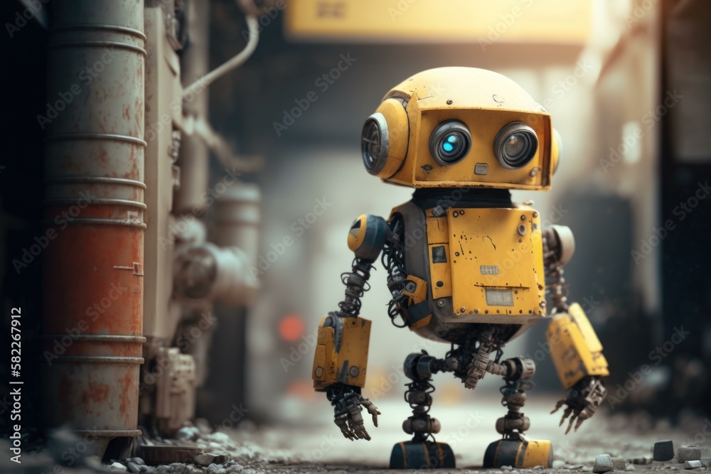 Poster a robot that is standing in the street with a light on junkyard animation robotics engineering gener