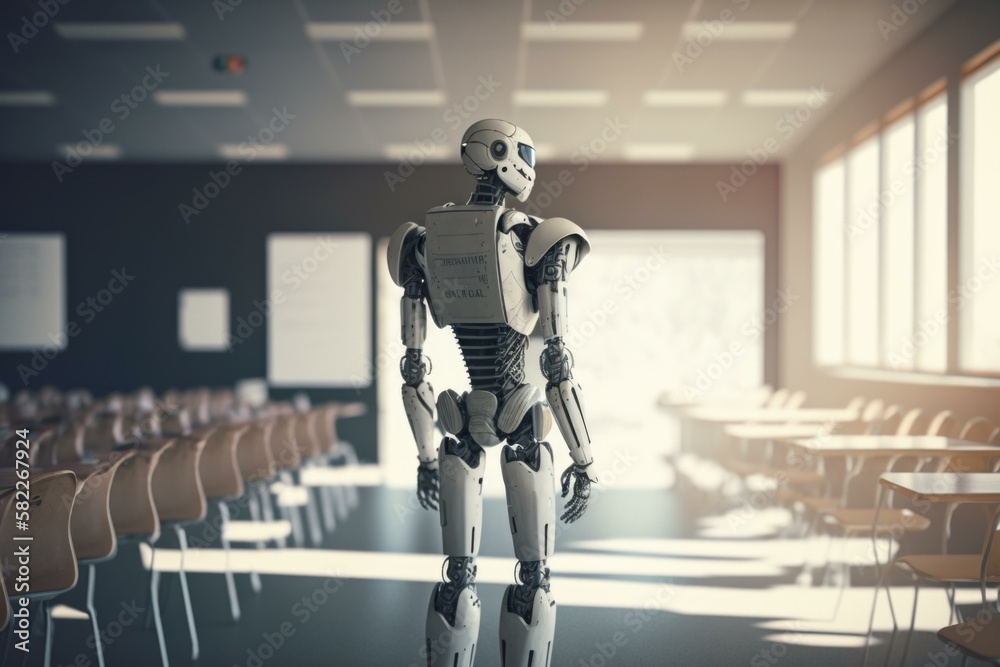 Poster a robot standing in a classroom with rows of desks classroom animation robotics engineering generati