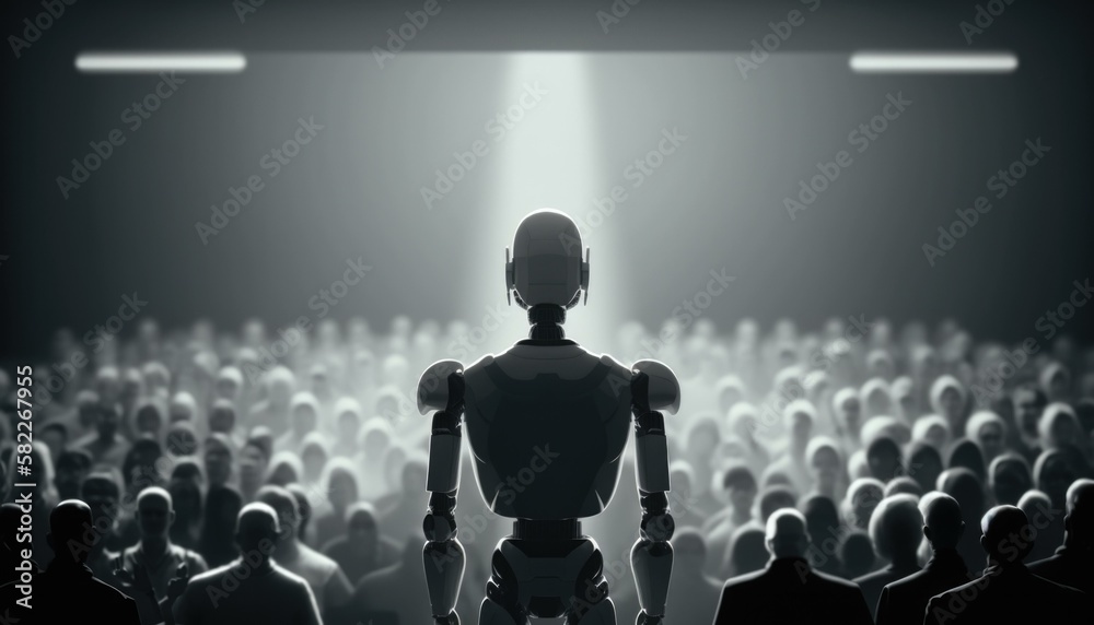 Poster a robot standing in front of a crowd of people factory animation theater performance generative ai