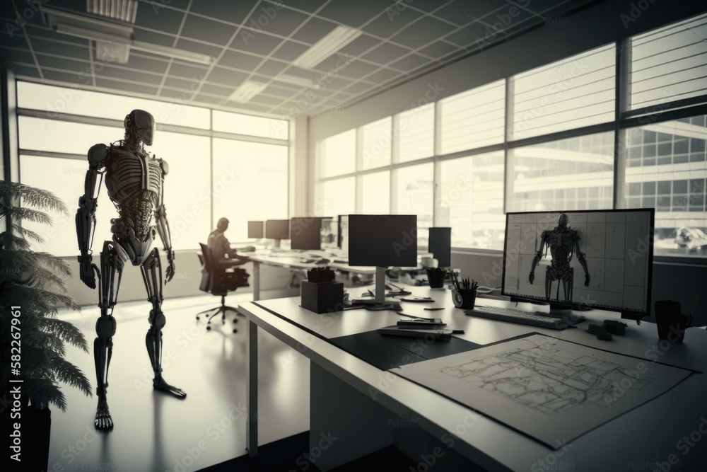 Poster a skeleton standing in an office with a computer desk workshop advertising photography 3d modeling g