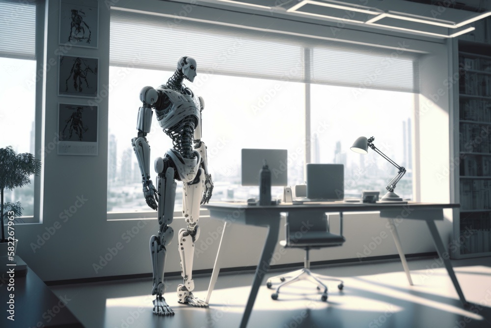 Poster a robot standing in a room with a desk and a chair workshop panoramic photography robotics engineeri