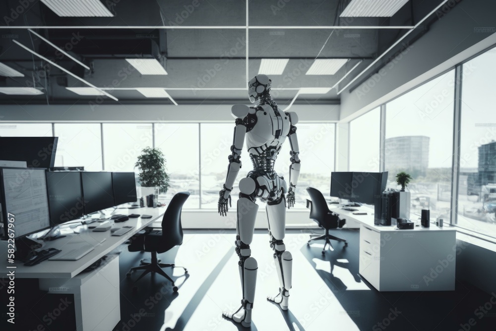 Poster a robot standing in an office with a lot of windows workshop assemblage robotics engineering generat