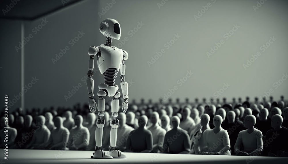 Poster a robot standing in front of a group of people workshop performance art robotics engineering