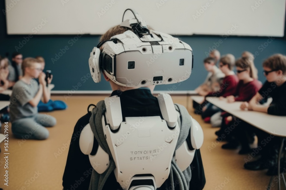 Poster a robot is standing in front of a class of children classroom stereoscopic photography robotics engi