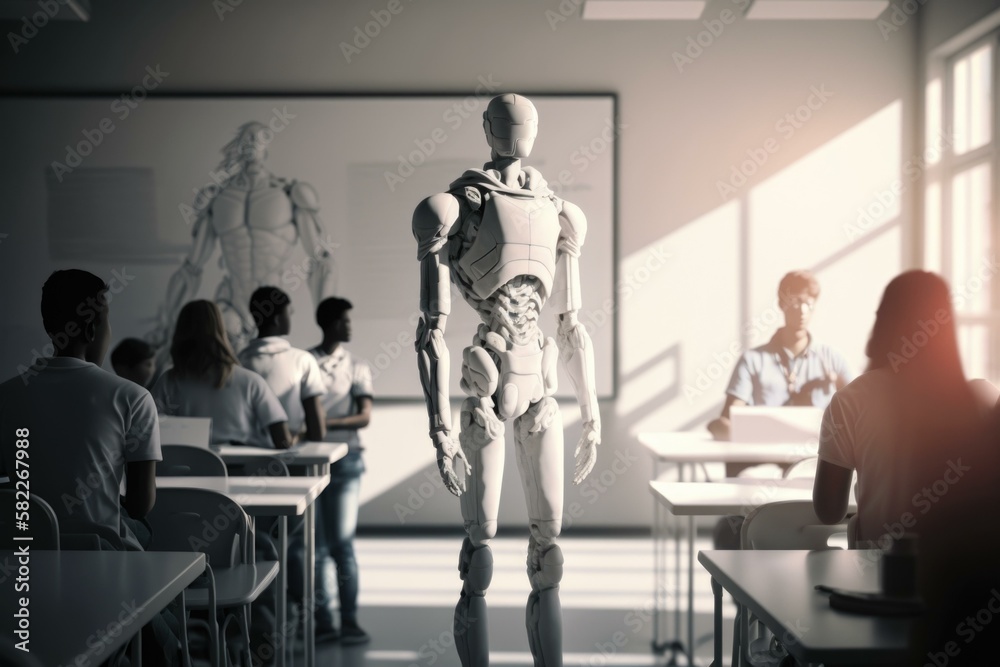 Aufkleber a robot standing in a classroom with people sitting at desks classroom animation robotics engineerin