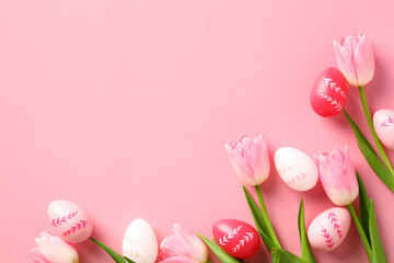 Happy Easter concept. Easter greeting card template with colorful Easter eggs and tulips on a pink background.