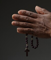praying to god with cross and hands together with black background with people stock photo   