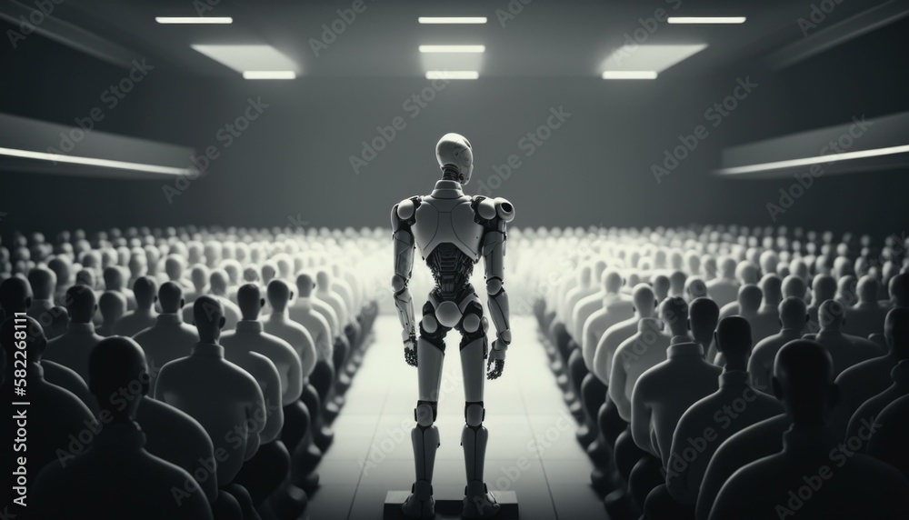 Poster a robot standing in front of a crowd of people factory animation animation filmmaking generative ai
