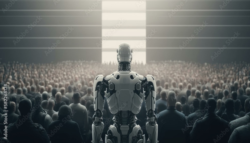 Poster a robot standing in front of a crowd of people factory assemblage robotics engineering generative ai
