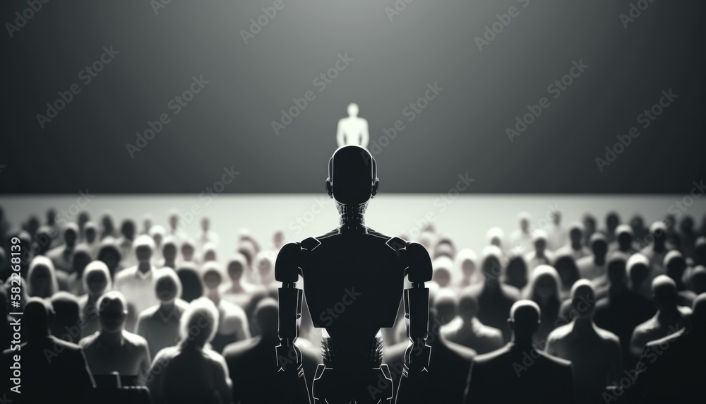 Poster a robot standing in front of a crowd of people workshop assemblage artificial intelligence