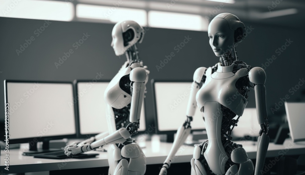 Poster a couple of humanoids are standing in front of computers workshop assemblage robotics engineering