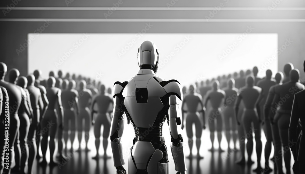 Poster a group of people standing in a room with a robot workshop assemblage robotics engineering generativ