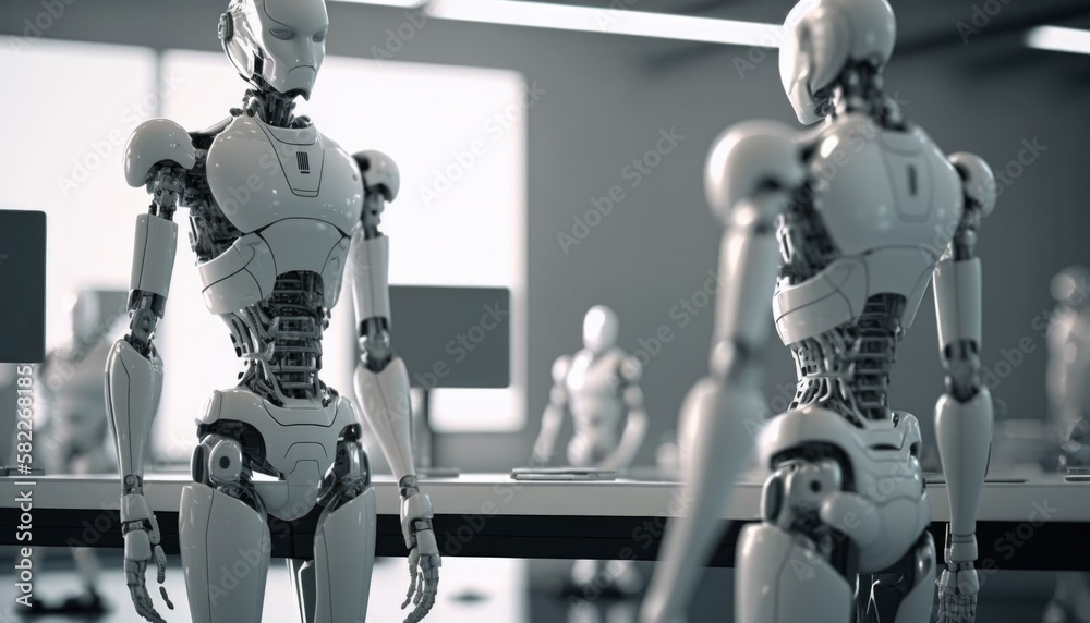Poster a group of humanoids standing in front of a table workshop animation robotics engineering
