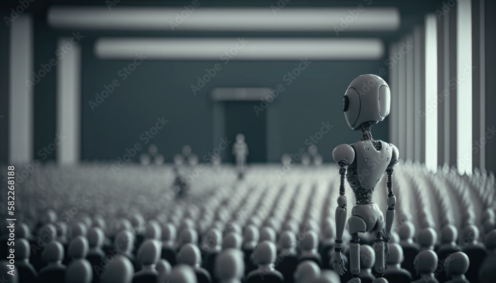 Poster a robot standing in front of a room full of people factory assemblage artificial intelligence genera