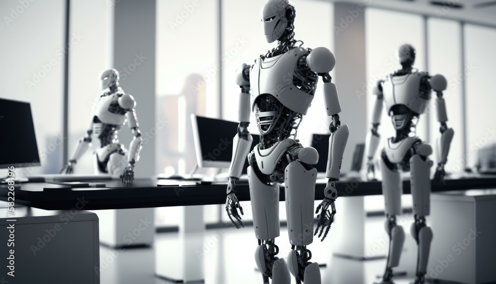 Poster a group of robots standing in front of a laptop workshop assemblage robotics engineering generative 