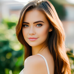 Naklejka premium Portrait of brunette girl smiling in garden. Generative AI.