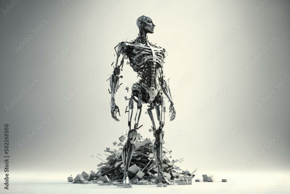 Poster a skeleton standing in a pile of rubble with a gray background junkyard assemblage robotics engineer