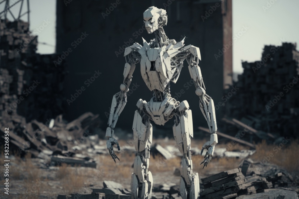 Poster a robot standing in a destroyed building in a field junkyard assemblage robotics engineering generat