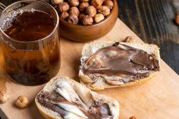 slices of bread with chocolate butter on the table