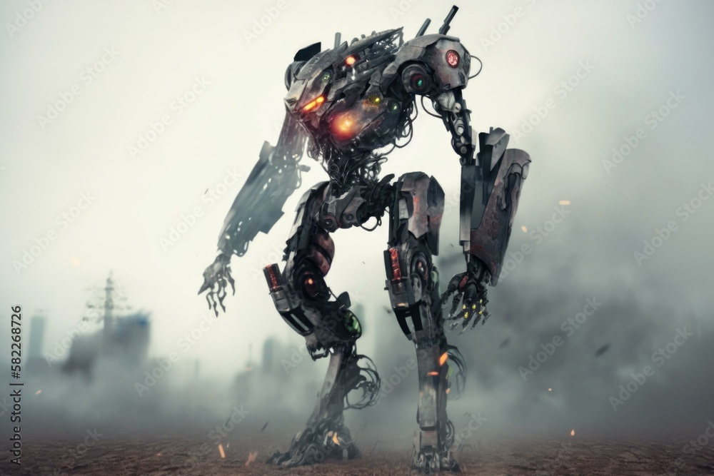 Poster a robot standing in a field with smoke and steam junkyard animation robotics engineering generative 