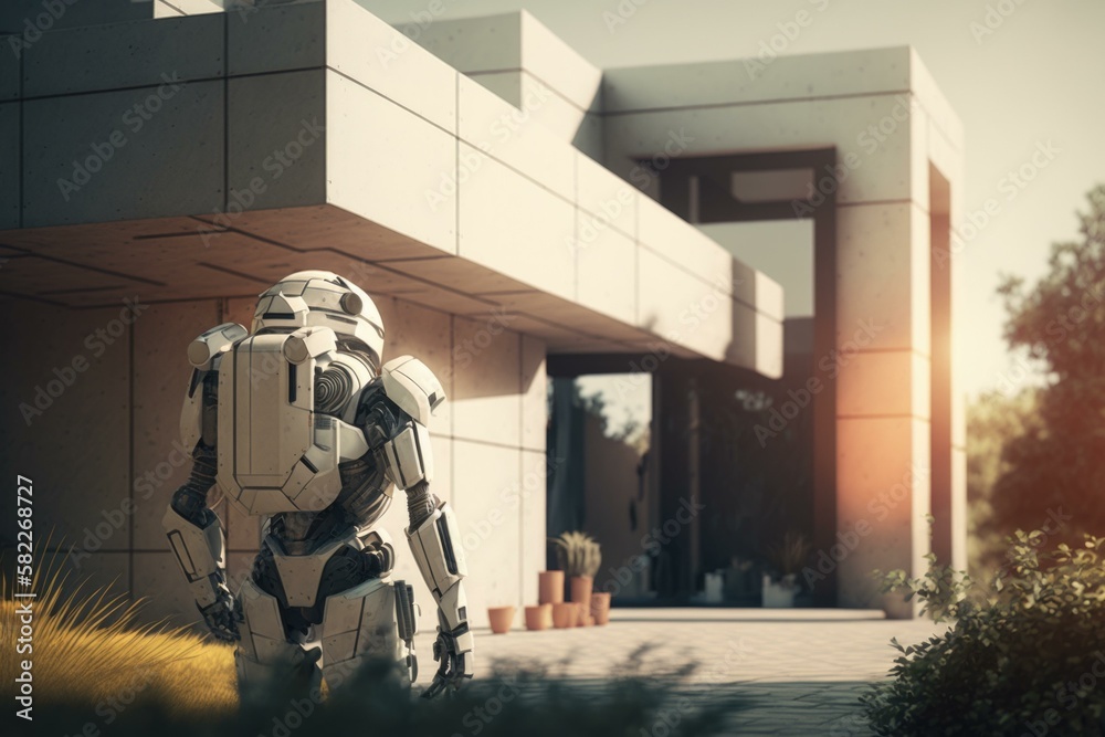Poster a robot standing in front of a building with a planter office building photorealism robotics enginee