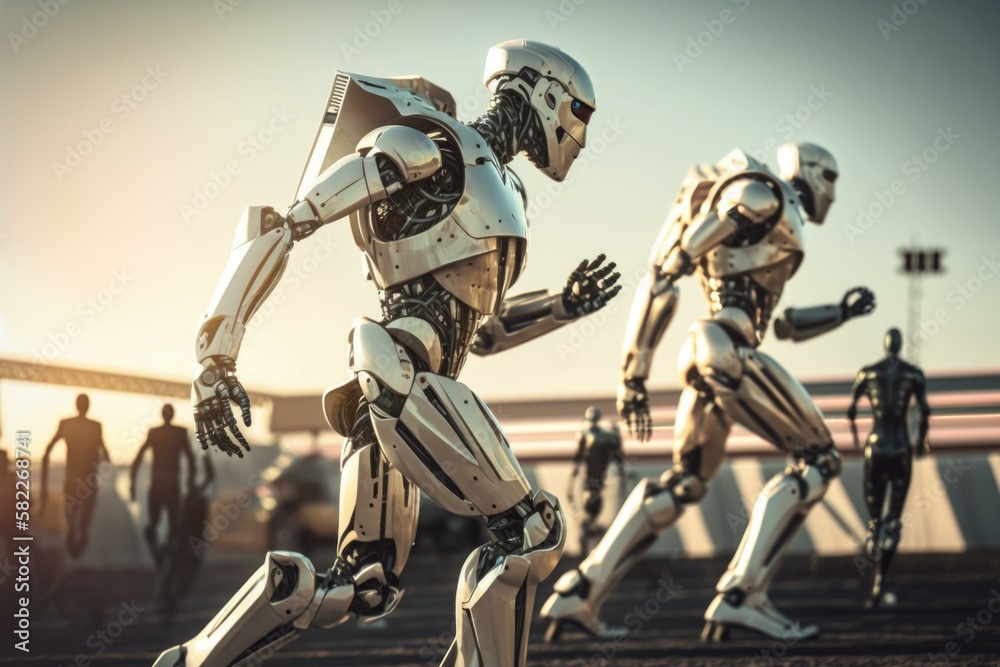 Poster a group of robots running across a field next to each other military base panoramic photography robo
