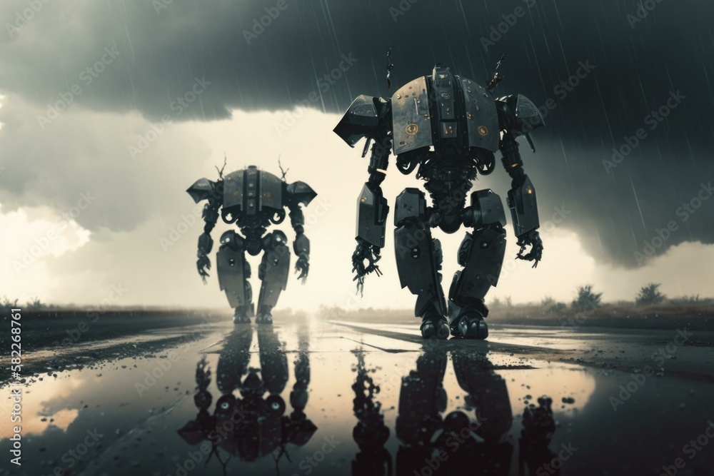 Poster two robots walking on a wet road in the rain military base animation robotics engineering generative