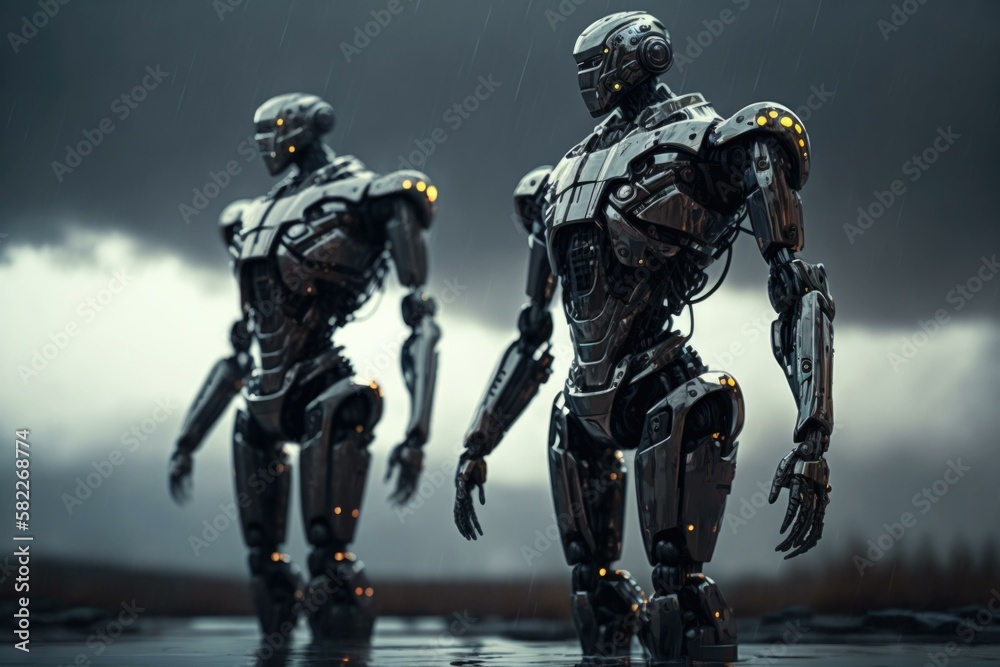 Poster two robots walking in the rain with a dark sky in the background river animation robotics engineerin