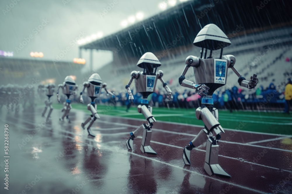 Poster a group of robots running on a track in the rain stadium time-lapse photography robotics generative 