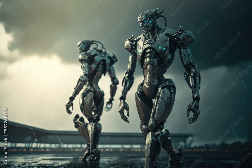 Poster two robots walking in the rain in a futuristic setting military base animation robotics engineering 