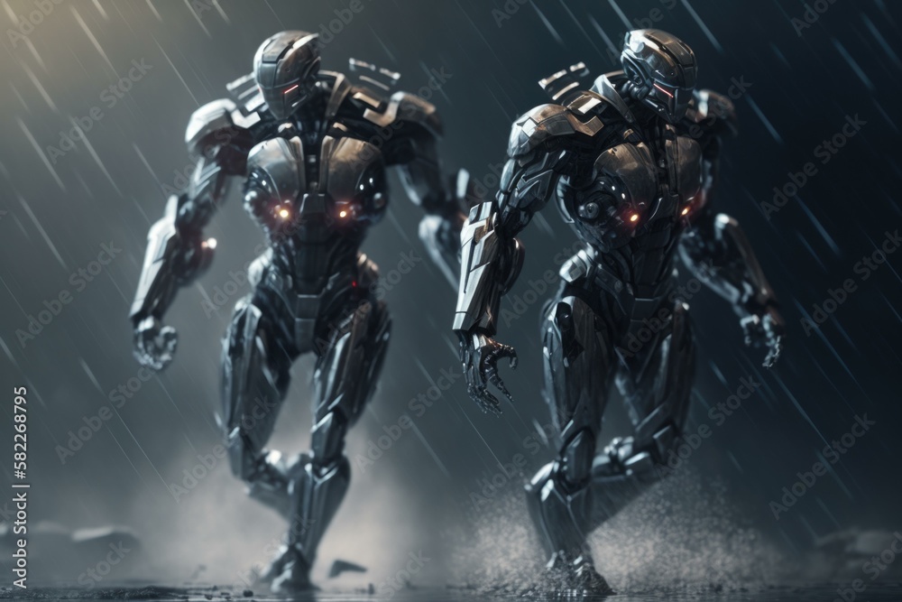 Poster a futuristic man in a suit running through the rain arcade animation robotics engineering generative
